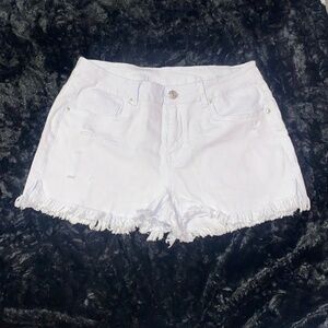 Mid Rise White Denim Distressed Shorts